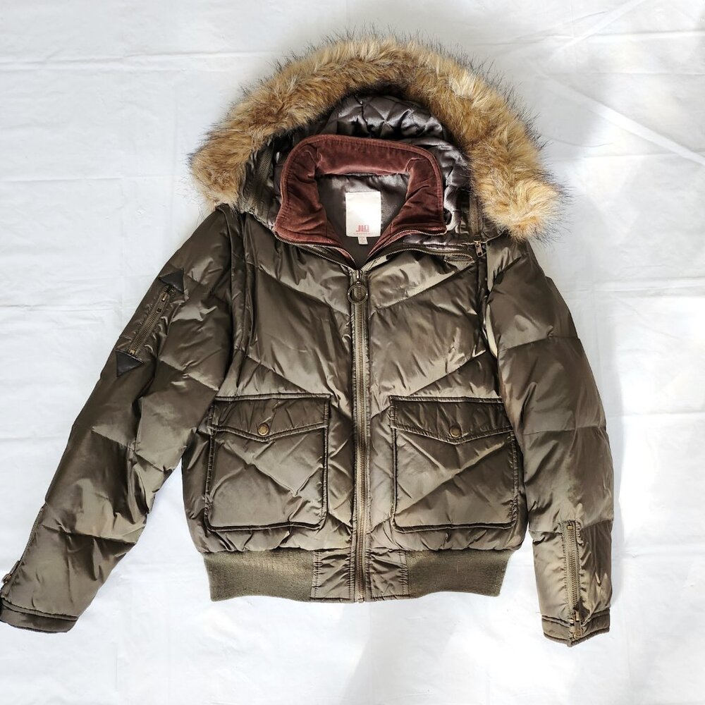 Women's JLo Green & Brown Winter Puffer Jacket, Med